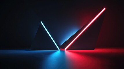 Neon Lights on Black Triangles, Red and Blue Geometric Shapes with Glowing Lines, Abstract Background