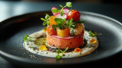 Close-up of a gourmet dish, freshly plated with vibrant colors, elegant presentation, fine dining style, detailed textures of herbs and sauces