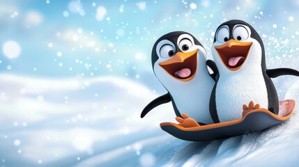 Two playful penguins enjoying a snowy sledding adventure on a winter day in a snowy landscape