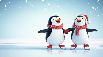 Naklejka premium Two cheerful penguins ice skating together in a winter wonderland, wearing festive scarves and a Santa hat