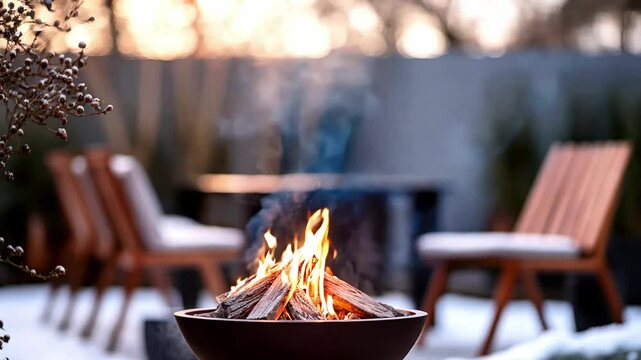 Cozy winter backyard deck with fire pit and sitting area