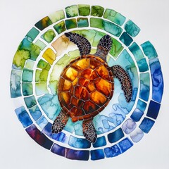 Sea Turtle Mosaic: A serene watercolor painting captures a graceful sea turtle swimming amidst a mesmerizing mosaic of vibrant blues, greens, and yellows, evoking a sense of tranquility and connection