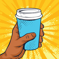 African american hand holding a paper cup of coffee. Fast food vector illustration in pop art retro comic style.