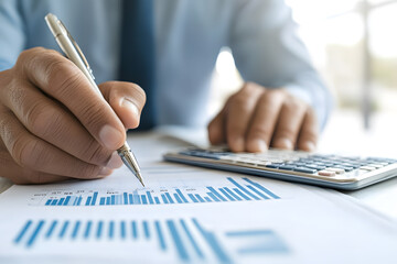Fototapeta premium Calculating Business Success: Businessman Analyzing Data and Performance Metrics | Strategic Planning for Growth