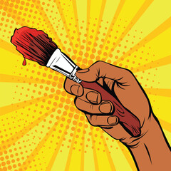 Afro american male hand with a painter brush. Drawing art illustration in pop art retro comic style