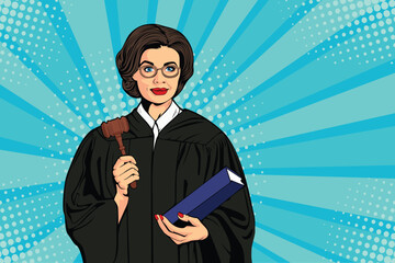 Female judge with a hammer and book. Justice vector illustration in vintage pop art retro comic style