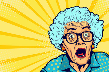 Amazed grandmother. Old, gray-haired woman in glasses and looking with surprising. Unbelievable news, big sale concept in pop art retro comic style