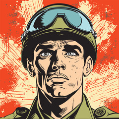 Military soldier in camouflage and helmet. Pop art retro vintage poster  drawing 50s 60s style