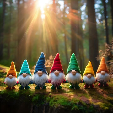 Die sieben Zwerge stehen im Wald mit Sonnenstrahlen Kunst f&uuml;r Kinder