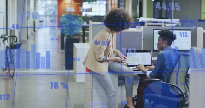 Animation of financial data processing over diverse business people in office