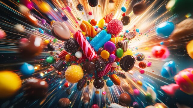 A vibrant explosion of colorful candies and sweets, captured in mid-air with dynamic motion for a fun and playful aesthetic.