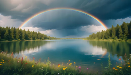 Naklejka premium A vibrant rainbow arching across a serene lake surrounded by lush greenery, with a dramatic cloudy sky in the background