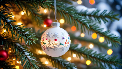 A white Christmas ornament hanging on a snow-covered pine tree branch, with blurred holiday lights in the background
