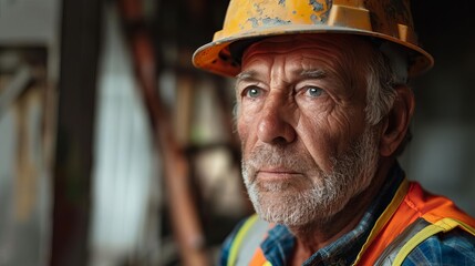 Fototapeta premium weathered american construction worker portrait experienced builder in hard hat and safety vest authentic charm