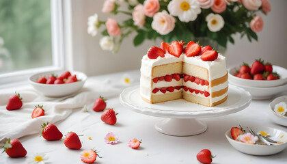 A white layered cake with fresh strawberries on top, surrounded by more strawberry slices on a plate, against a blurred floral background