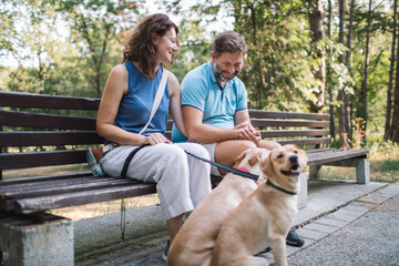 Couple enjoy time together in the park with their dogs