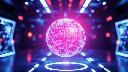 A futuristic 3D sphere made of pixels and digital code, hovering in a virtual space with light beams radiating from it