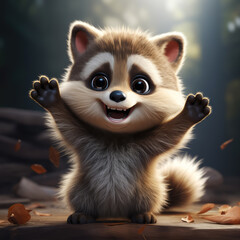 generated illustration of a 3d render of a happy  raccoon with a human-like waving gesture, greeting.