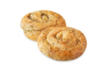 Spiral filo dough Greek pie with filling on a white isolated background