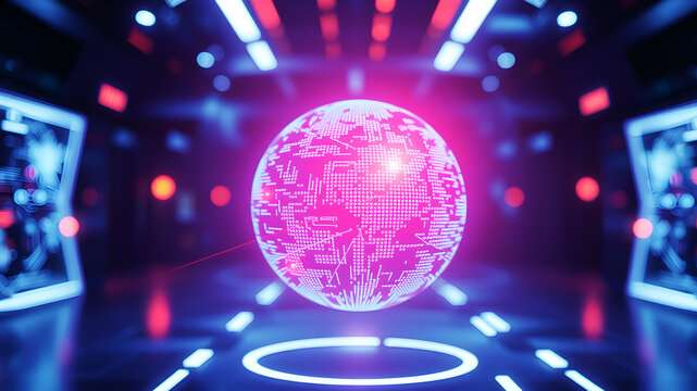 A futuristic 3D sphere made of pixels and digital code, hovering in a virtual space with light beams radiating from it