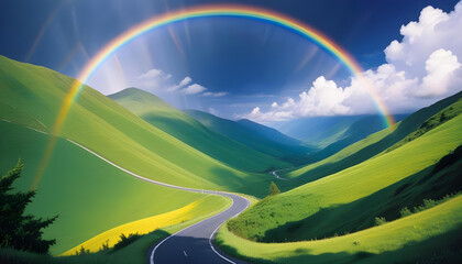Obraz premium A winding road through a lush, green mountainous landscape with a vibrant rainbow arching across the sky