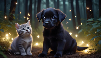 A young black puppy and a small gray kitten sitting together in a forest at night, surrounded by glowing fireflies and warm lighting