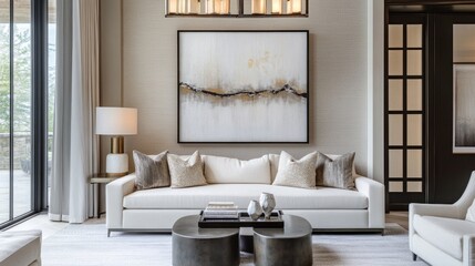 Fototapeta premium Modern Living Room Design with White Couch, Abstract Art, and Grey Rug