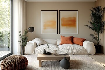  Japandi, scandinavain interior design of modern living room. 