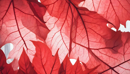 Red and pink leaves, close-up view of the textured surfaces and veins of the leaves against a white background
