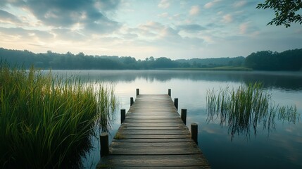 Fototapeta premium Wooden Dock Extending into a Misty Lake