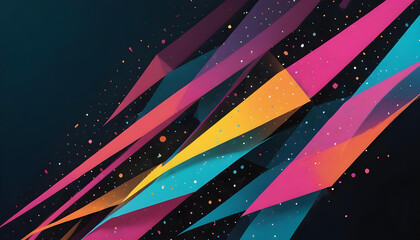 Vibrant abstract pattern with geometric shapes, polka dots, and bold colors including pink, orange, yellow, and teal on a black background