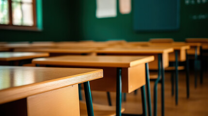 A classroom scene featuring wooden desks arranged neatly, highlighting a conducive learning environment with green walls.