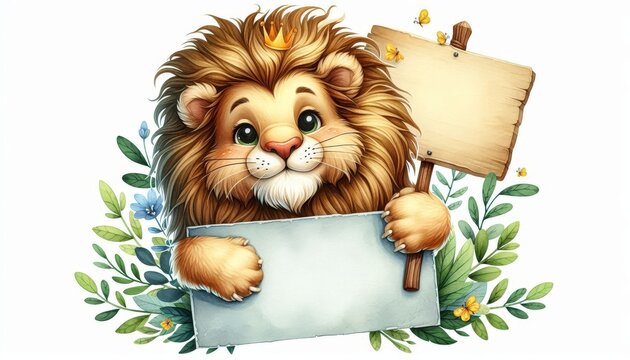 A charming watercolor illustration of a happy lion holding a blank sign. The lion has a majestic mane, big eyes, and a warm smile. This cute image symbolizes happiness, strength, and the power of posi