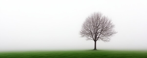 A solitary tree stands in a foggy landscape, surrounded by lush green grass and an ethereal atmosphere, evoking tranquility and solitude.