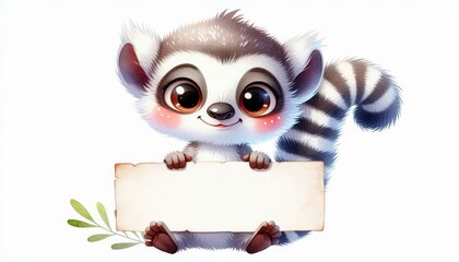 Fototapeta premium A cute watercolor illustration of a cheerful lemur holding a blank sign with a striped tail. The lemur has big brown eyes, a sweet smile, and rosy cheeks. The sign is perfect for adding your own messa