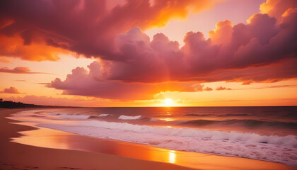 Fototapeta premium Colorful sunset sky with fluffy clouds, sun rays breaking through the clouds
