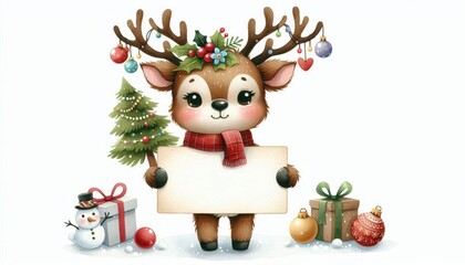 A cheerful watercolor illustration of a reindeer with festive decorations holding a blank sign. Perfect for Christmas greetings, holiday cards, or festive social media posts. The reindeer is decorated