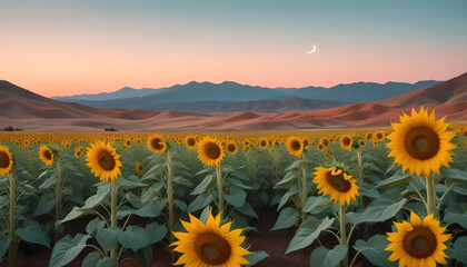 Fototapeta premium Crescent moon in a pastel sky over a mountainous landscape with warm, orange-tinted hills