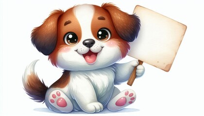 A charming watercolor illustration of a joyful puppy with big eyes and a wagging tail, holding a blank sign. This adorable image is perfect for adding a touch of cuteness and playfulness to any projec