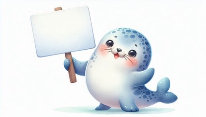 Obraz premium A charming watercolor illustration of a joyful seal with a friendly smile, holding a blank sign and balancing a ball on its nose. The seal represents happiness, balance, and opportunity.