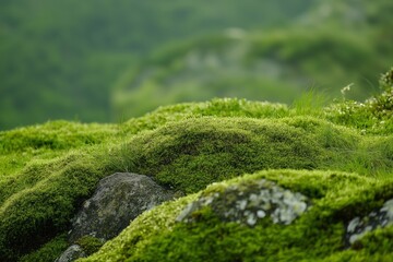 A serene image of vibrant green moss covering rocks, depicting a calm, natural landscape in a lush environment.
