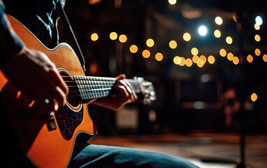 Obraz premium A musician plays an acoustic guitar on stage, with warm bokeh lights creating a captivating and intimate atmosphere.
