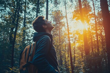 A person with an orange backpack looking up at sunlight streaming through trees in a tranquil forest setting, feeling wonder.