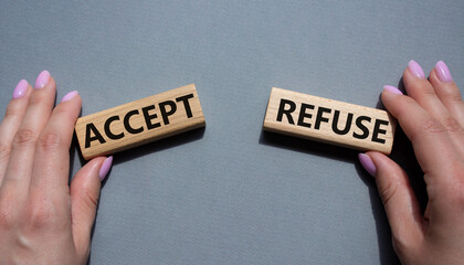 Accept or Reject symbol. Concept word Accept or Reject on wooden blocks. Businessman hand. Beautiful grey background. Business and Accept or Reject concept. Copy space