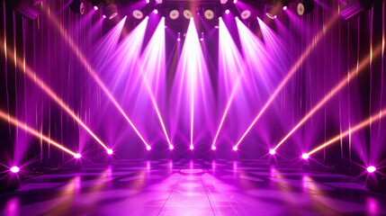 An empty performance space with a wooden stage is highlighted by many purple lights. The rays cross.
