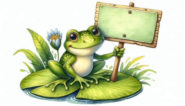 A whimsical watercolor illustration of a friendly frog holding a blank sign, sitting on a lily pad.  The frog's cheerful expression and the blank sign offer a charming canvas for your creative messagi