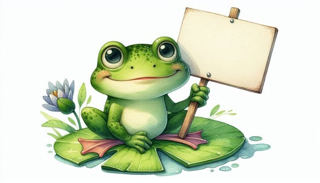 A charming watercolor illustration of a friendly green frog sitting on a lily pad. The frog holds a blank sign, perfect for adding your own message. The image embodies whimsy, nature, and the joy of s