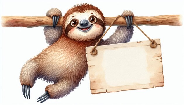 A cute watercolor illustration of a friendly sloth hanging upside down from a branch and holding a blank sign. Perfect for adding your own message or design. This image is ideal for a variety of uses,