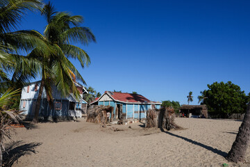 Exploring authentic dwellings along the sunlit coast of Madagascar surrounded by vibrant tropical vegetation