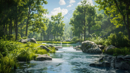 Obraz premium Natural landscape. A fast mountain river surrounded by dense forest against a backdrop of mountains. Nature concept.